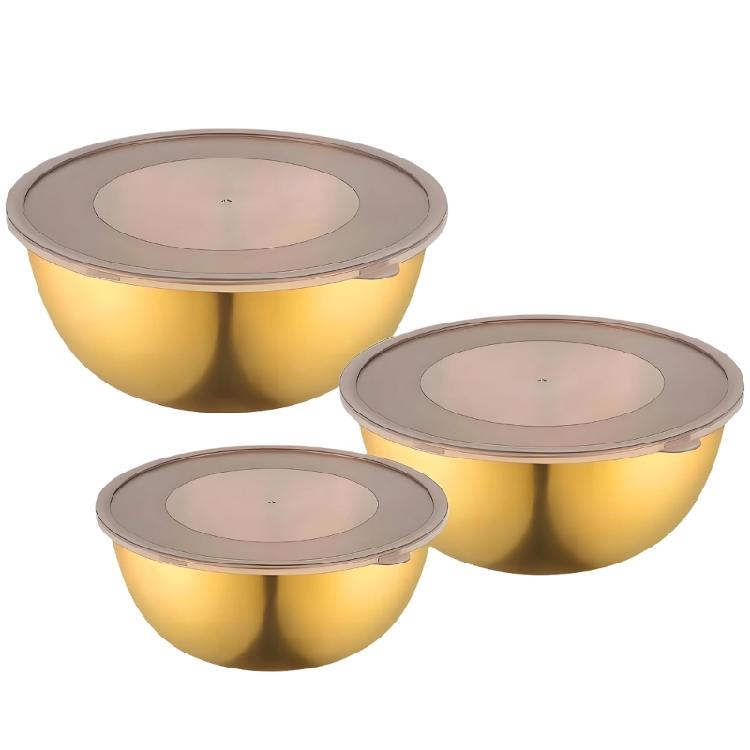 Modern Stainless Steel Mixing Bowl Set Space Saving Stackable Transparent Cover Food Storage Container