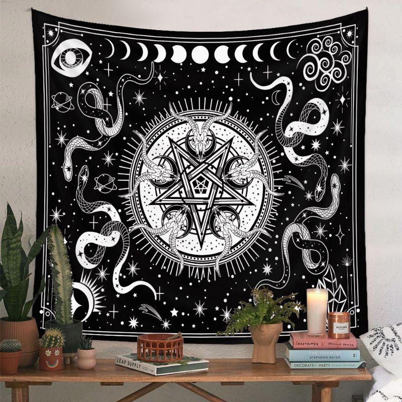 Tarot Zodiac Wheel Wall Tapestry Black Background Sun Moon Face Twelve Constellation Card Astrology Occult Mystical Decor