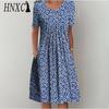 HNXC 30 Color Pleated Midi Dress Short Sleeve Round Neck Loose Hem Mid-Calf Length Women Floral A-Line Party Dress Casual Wear