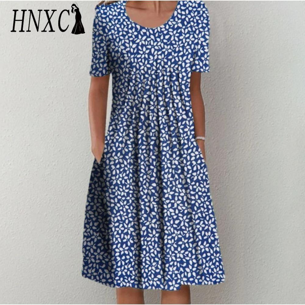 HNXC 30 Color Pleated Midi Dress Short Sleeve Round Neck Loose Hem Mid-Calf Length Women Floral A-Line Party Dress Casual Wear
