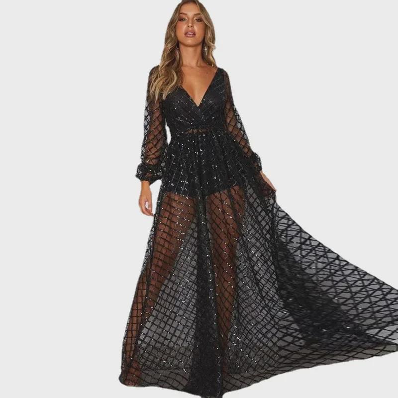 2025 Winter European & American Women's Sexy V-Neck Backless Gold-Stamped Dress