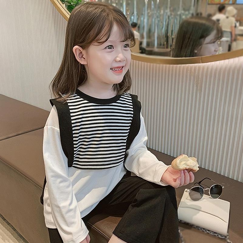 Girls Long Sleeves T-shirt Casual Top Tee Knitted Stripe Stitching Top