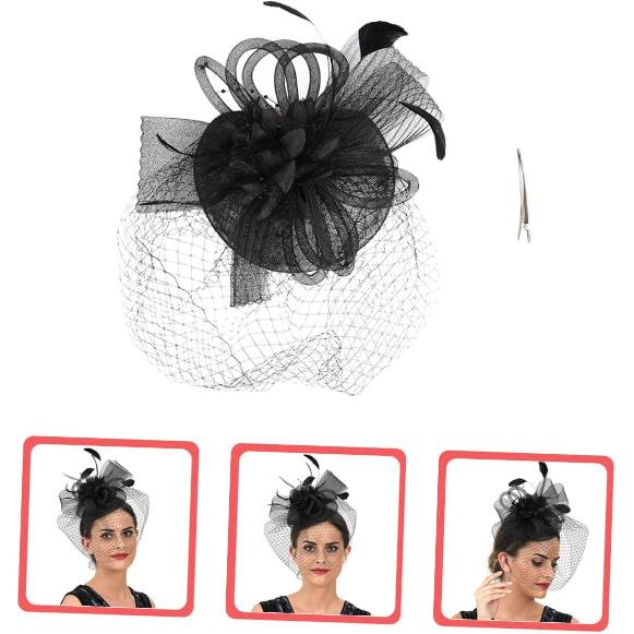 Decorative Hat with Floral Accent and Mesh for Women, Black Cocktail Tea Party Headpiece Hair Clip, Wedding Special Occasion Accessory