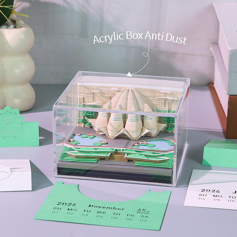 Time Piece Calendar 2026 Desk Calendar With Led Light 3D Tear-Away Calendar Paper Carving Art Memo Pad Notepad Gift Christmas