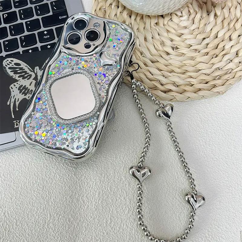 Glitter Sequin Phone Case for Apple 17 Promax Rhinestone Square Mirror for IPhone 16 Hand Chain Heart