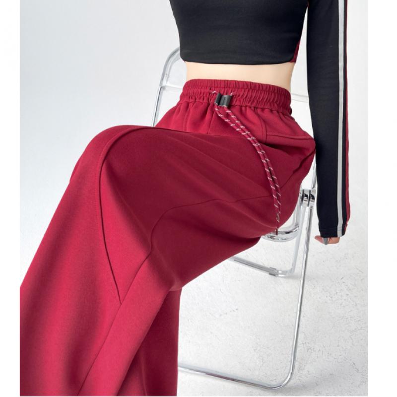 Curved Hem Women'S Fall/Winter Fleece-Lined High-Waisted Drawstring Straight Banana Sweatpants With Draped Effect And Narrow Wide Legs