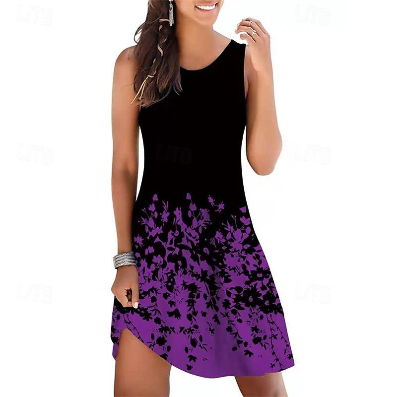 Large Size Women's Dress Fashion 3D Flower Print Vest Casual  Sleeveless Elastic Round Neck Summer Dresses