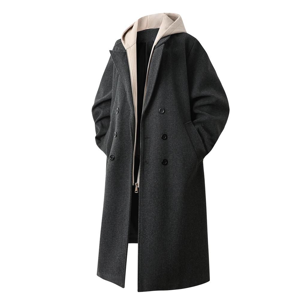 Autumn Winter Fake Two-Piece Hooded Woolen Coats Trend Solid Double Breasted Trench Coats Male Fashion Hooded Windbreaker Jacket