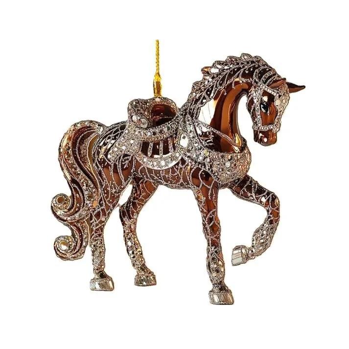 2D Christmas Tree Horse Ornaments Xmas Metallic Rhinestones Horse Christmas Hanging Horse Ornaments Gifts Home Decoration