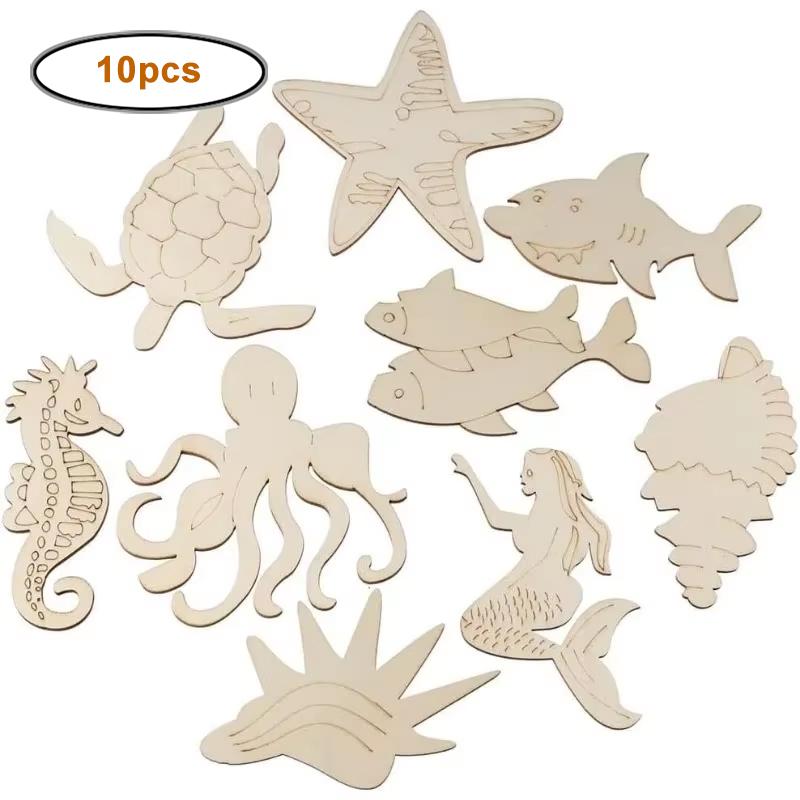 

10pcs/lot 9-9.5cm Ocean Animal Unfinished Wood DIY Crafts,Sea Animal Wood Slices Whale Dolphin Seahorse Fish Wooden Painting 9-9.5cm