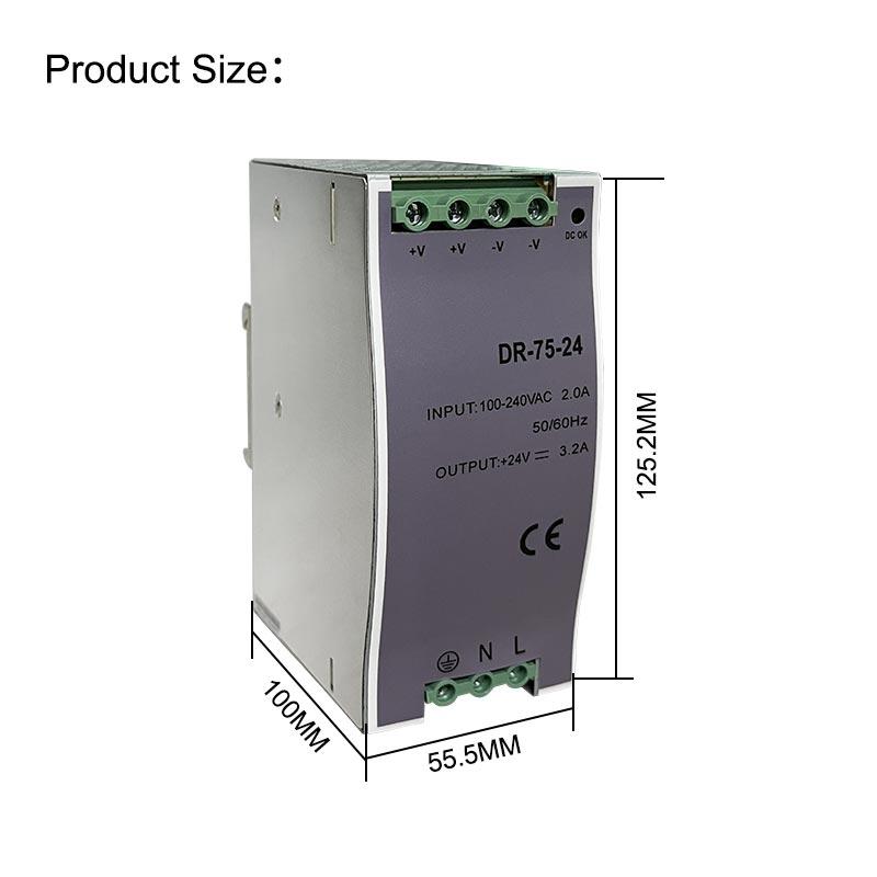 DR 75W 12V 24V 48V DC Ayarlanabilir Ray Tipi Küçük Hacimli Anahtarlamalı Güç Kaynağı Transformatörü Çıkış Gerilimi 1.6A 3.2A 6.5A