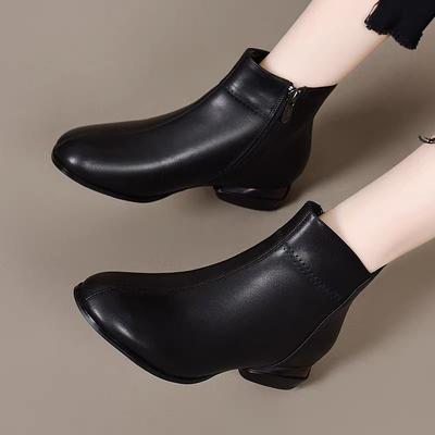 Leather Medium Heels Mother Winter Shoes Classics Chelsea Boots Square Toe Zipper Concise Dating Ankle Boots