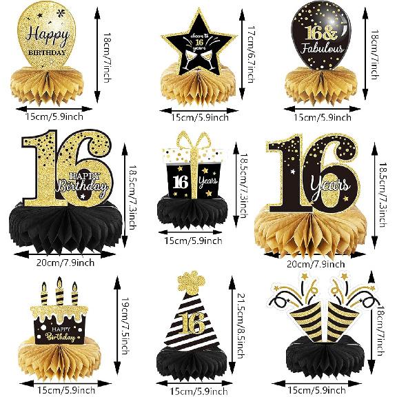 9 Pieces 16th Birthday Decoration for Boys Black Gold 16th Birthday Tables Decor Honeycomb Centerpieces Cheers to 16 Years Table Topper for Boys