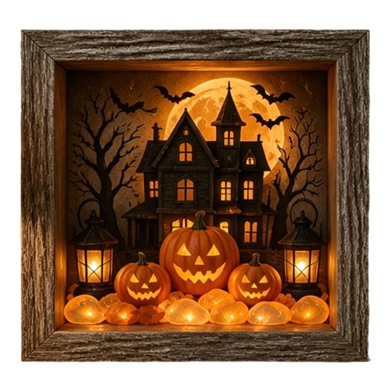 DIY Seasonal Light Box Display, Wood Case Frame Ornament with Soft Lighting for Shelf, Entry Stand, and Fall Party Use