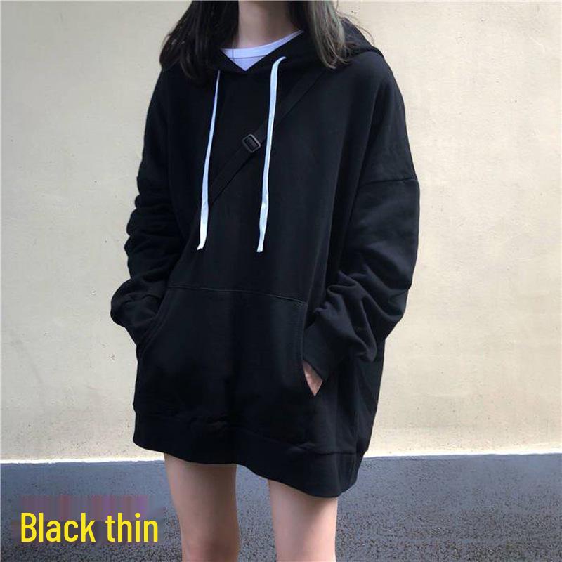 2025 Autumn Women's Korean Style Thin Long Sleeve Hoodie - Solid Color, Versatile, Mid-Length, Loose Fit.