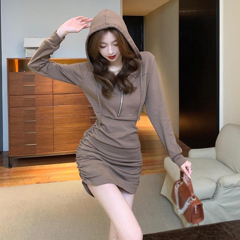 Ležérní Jednoduché Jednobarevné Design na zip Dlouhý rukáv S kapucí Krátký styl Taška Hip Svetr Šaty