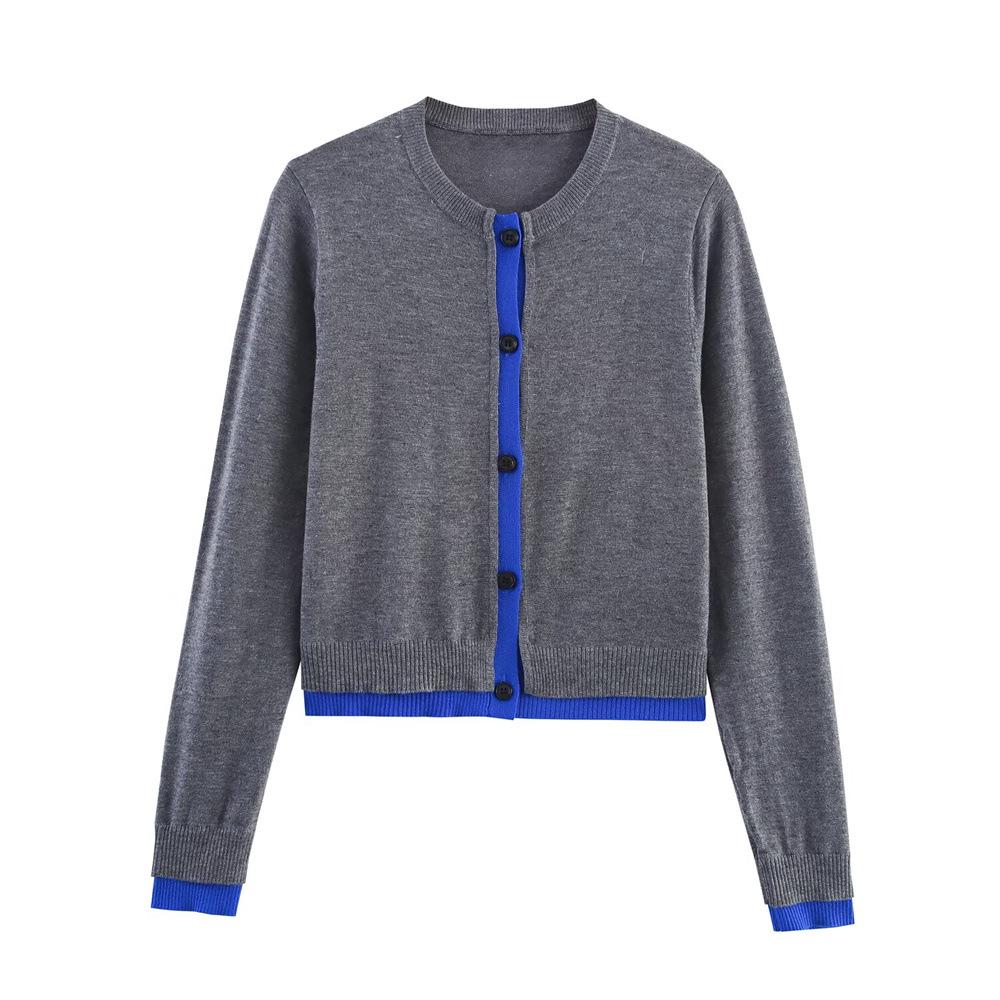 European & American Style Autumn Women's Color Block Patchwork Knit Cardigan Sweater with Round Neck and Single-Breasted Design
