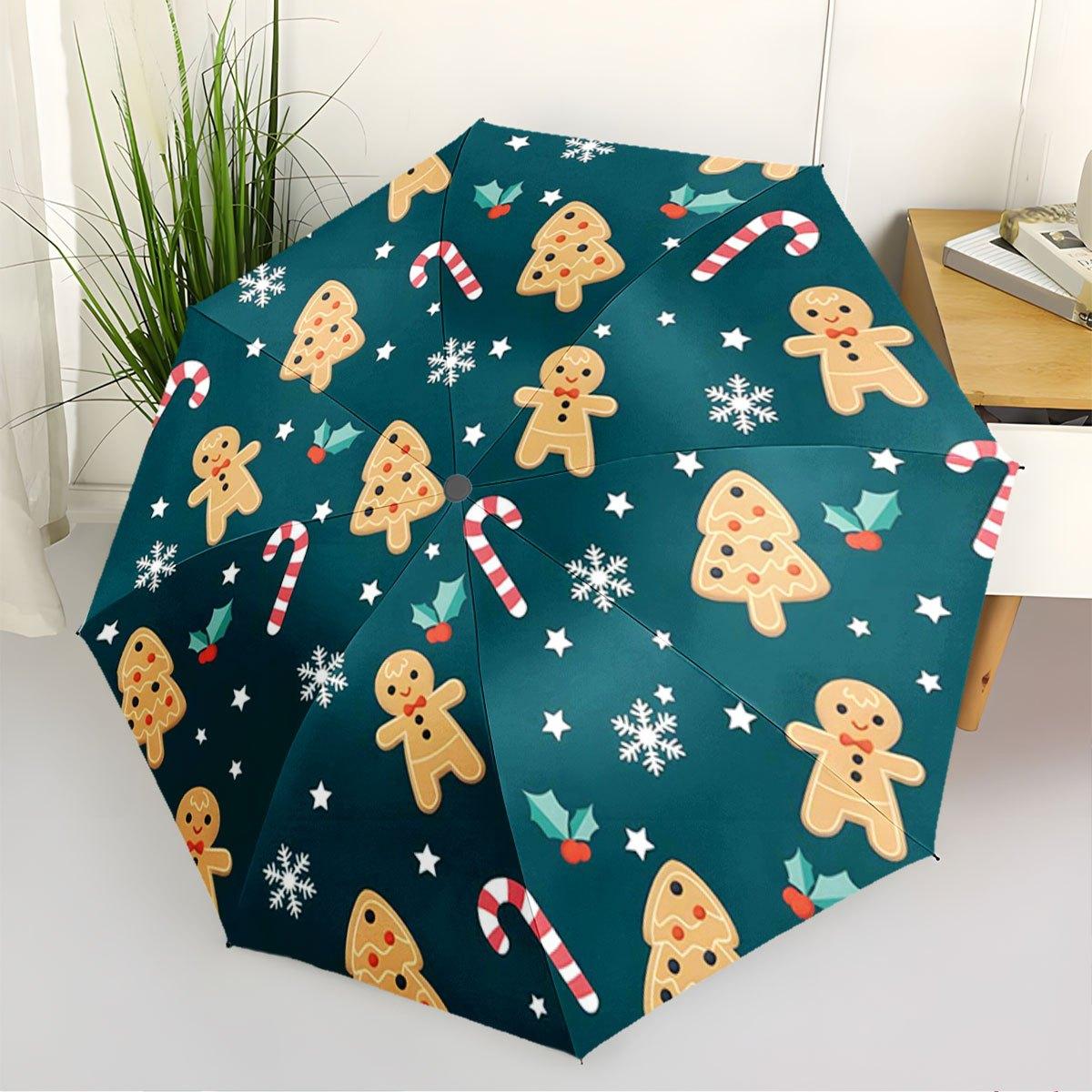 Automatic Open/Close Umbrella - Christmas Gingerbread & Candy Cane Pattern (Red, Green, White) - Compact Folding Umbrella with