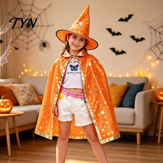 Dreamy Gold Edge Witch Costume Kids Wizard Cloak with Hat for Boys Girls, Halloween Kindergarten Activities Cape Prop Party Cosplay