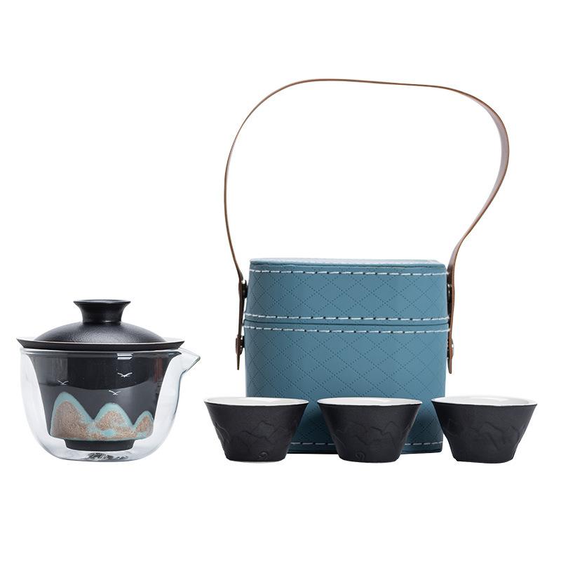 Hand-painted Glaze Painting Distant Mountain Travel Tea Set, One Pot, Three Cups, Outdoor Portable, High-end Business Commemorative Gift