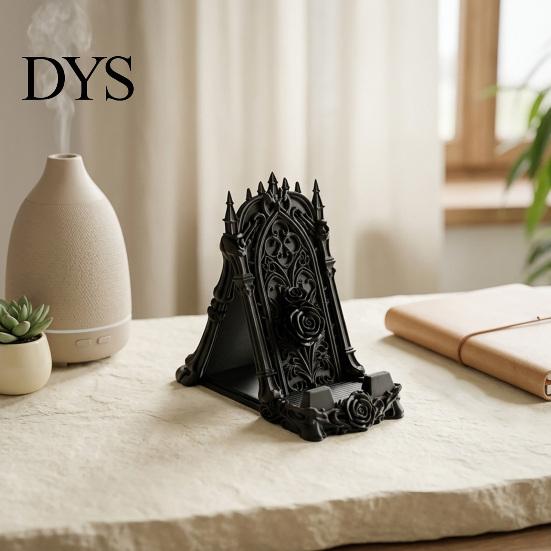 Matte Black Relief Art Ornament 3D Printed Gothic Rose Phone Stand, Vintage Church Carved Desktop Stable Triangular Tablet Stand Holder, Dark