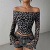 Spring and autumn sexy leopard print one-word collar women's thin long-sleeved T-shirt, fashionable sweet and spicy women's long-sleeved pullover