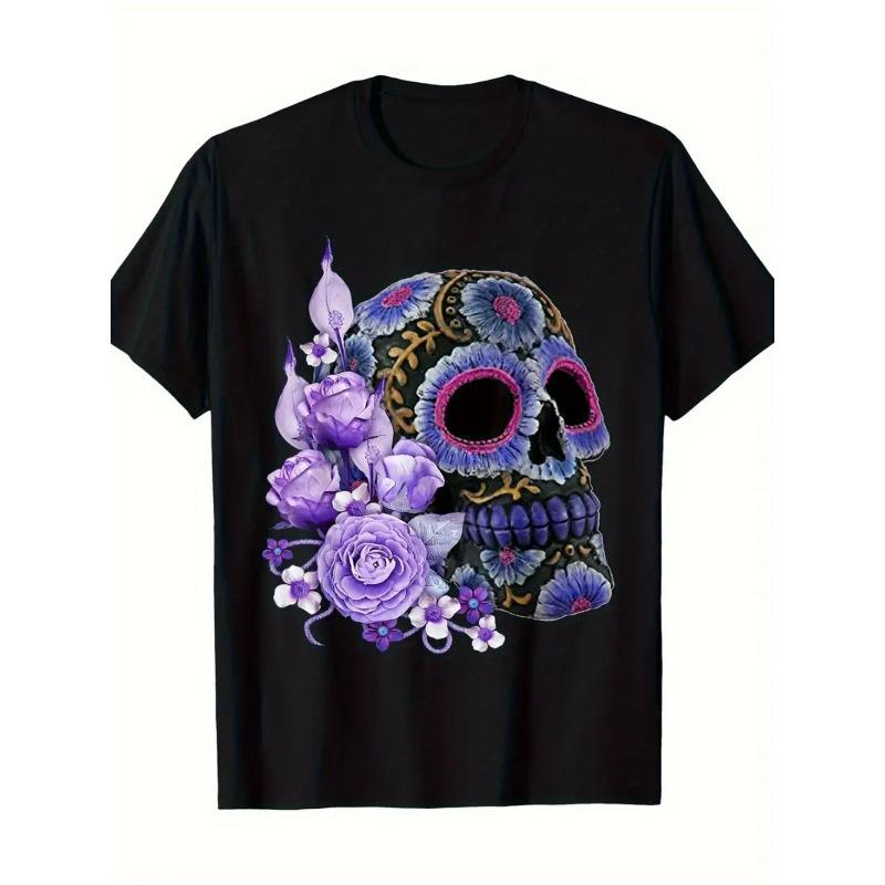

European sizes Men S Day of the Dead Sugar Skull T-Shirt - Black with Purple Floral Accents 4XL чорний