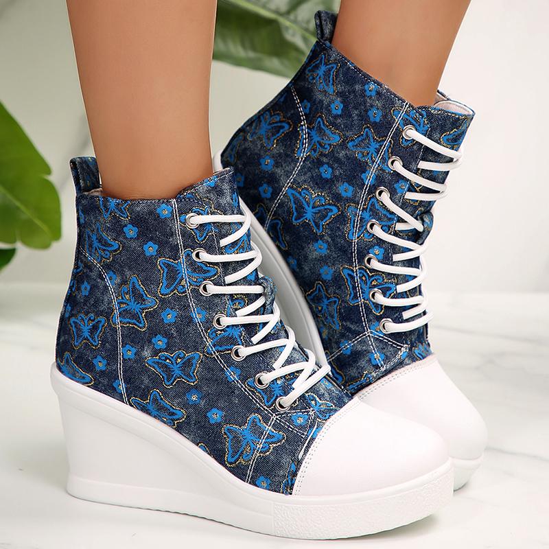 Fashion Blue Butterfly Print Wedge Sneakers for Women Fashion High Top Platform Sneakers Woman Lightweight Non Slip Lace Up Casual Shoes