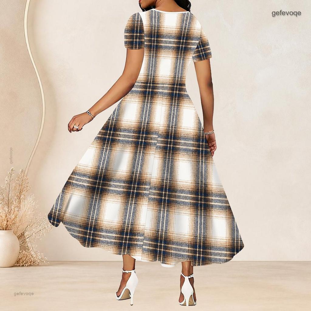 Women Plus Size White Printed Round Neck Short Sleeve Gathered Waist A Line Long Dress