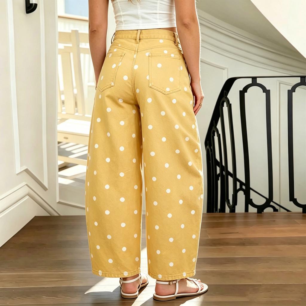 Jeans Cropped Feminino de Bolinhas com Caimento Médio Solto para Uso Casual Diário