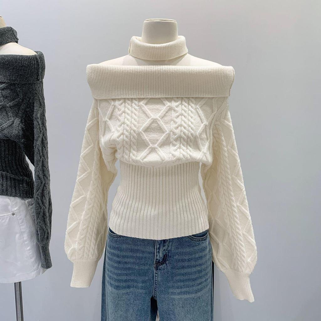 2026 Women's Elegant Slim Fit One-Shoulder Cable Knit Sweater - French Retro, Soft Texture, Christmas Edition