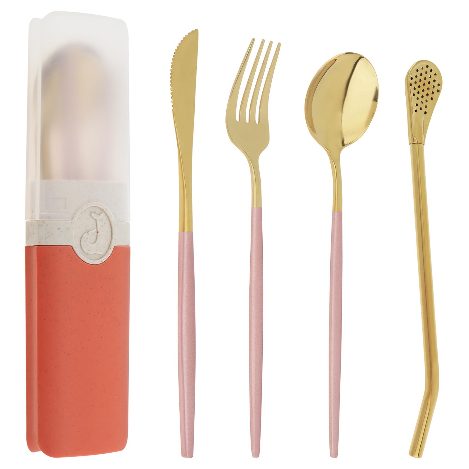 4pcs Stainless Steel Tableware Set with Box, Portable Reusable Cutlery Set Fork and Spoon Set оранжевый