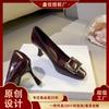 166-41 Beautiful French Temperament Square Buckle High Heels Thin Heel Square Head Single Shoes Wedding Shoes Work Shoes Are Not Tired