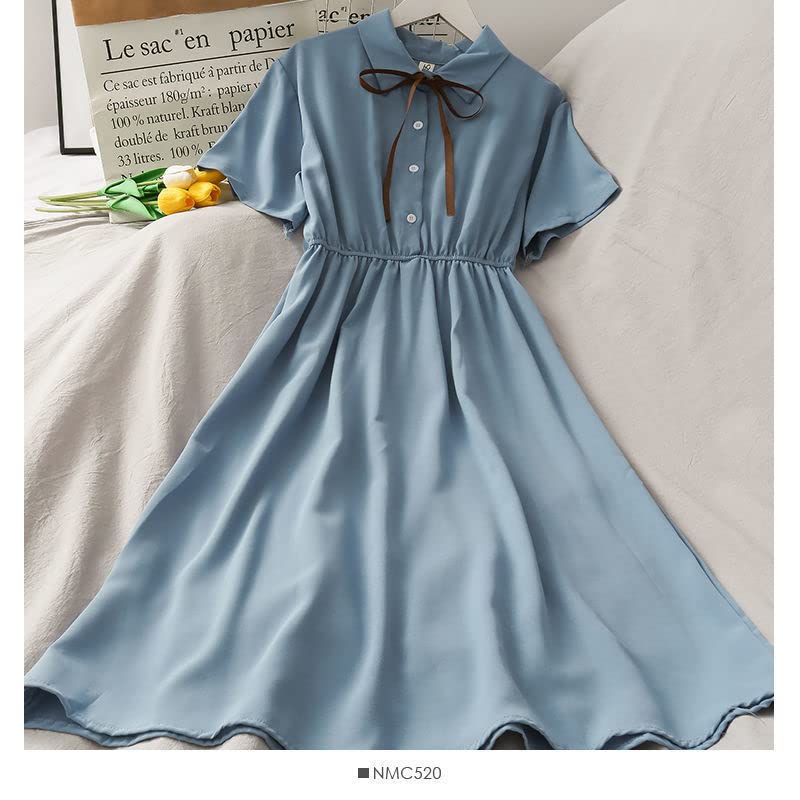 Summer Sweet Polo Collar Narrow Slimming Mori Skirt [xenite] Dress, Roomy, Waist, (XL, Blue)