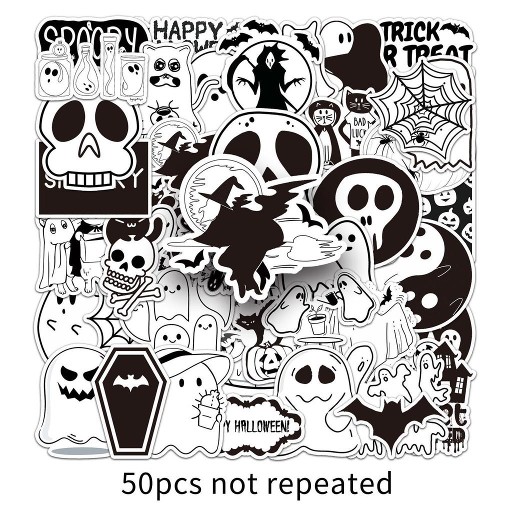 50 Schwarz-Weiß Halloween-Aufkleber: Cartoon Gruselige Q-Version für DIY-Notizbuch-, Tagebuch- oder Kofferdekorationen (50 Blatt)