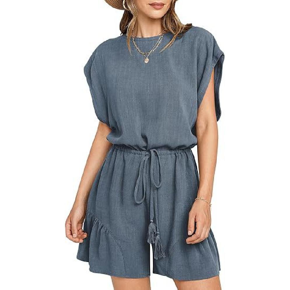 

Летний новый универсальный комбинезон из хлопка и льна, свободный и повседневный, с затягивающейся талией, с короткими рукавами для женщин 2XL серый