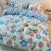 Three-piece Set Korean Girl Heart Cute Rabbit Berry Four-piece Set Simple Checkerboard Bed Sheet Blue Quilt Cover