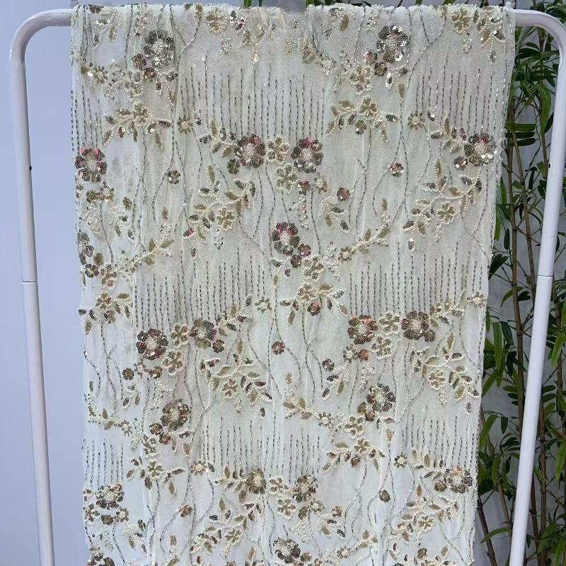 

Multi-Color Beaded Embroidered Floral Material for DIY Sewing Evening Party Gown Sequin Tube Mesh Wedding Dress Floral Fabric 1Yard абрикосовый