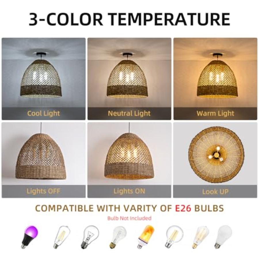 19 Rattan Pendant Light Hand-Woven Rustic Wicker Hanging Light 3-Light Seagrass Ceiling Chandelier Oval Water Plants Rattan Cha