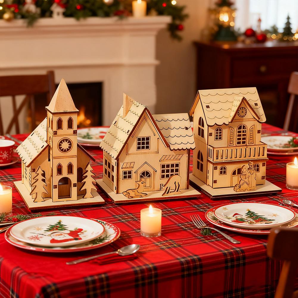 1/3PCS Festival Led Light Wood House Christmas Tree Decorations For Home Decoration Wooden House DIY Gift Window Decoration