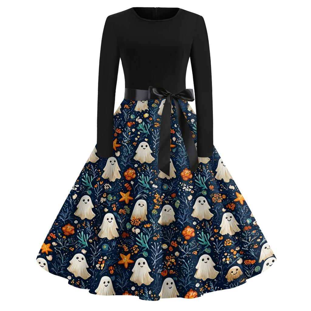 Women's Casual Halloween Print Dress Long Sleeve Round Neck Retro Vintage Style Midi Dress with Waist Tie for Everyday Wear