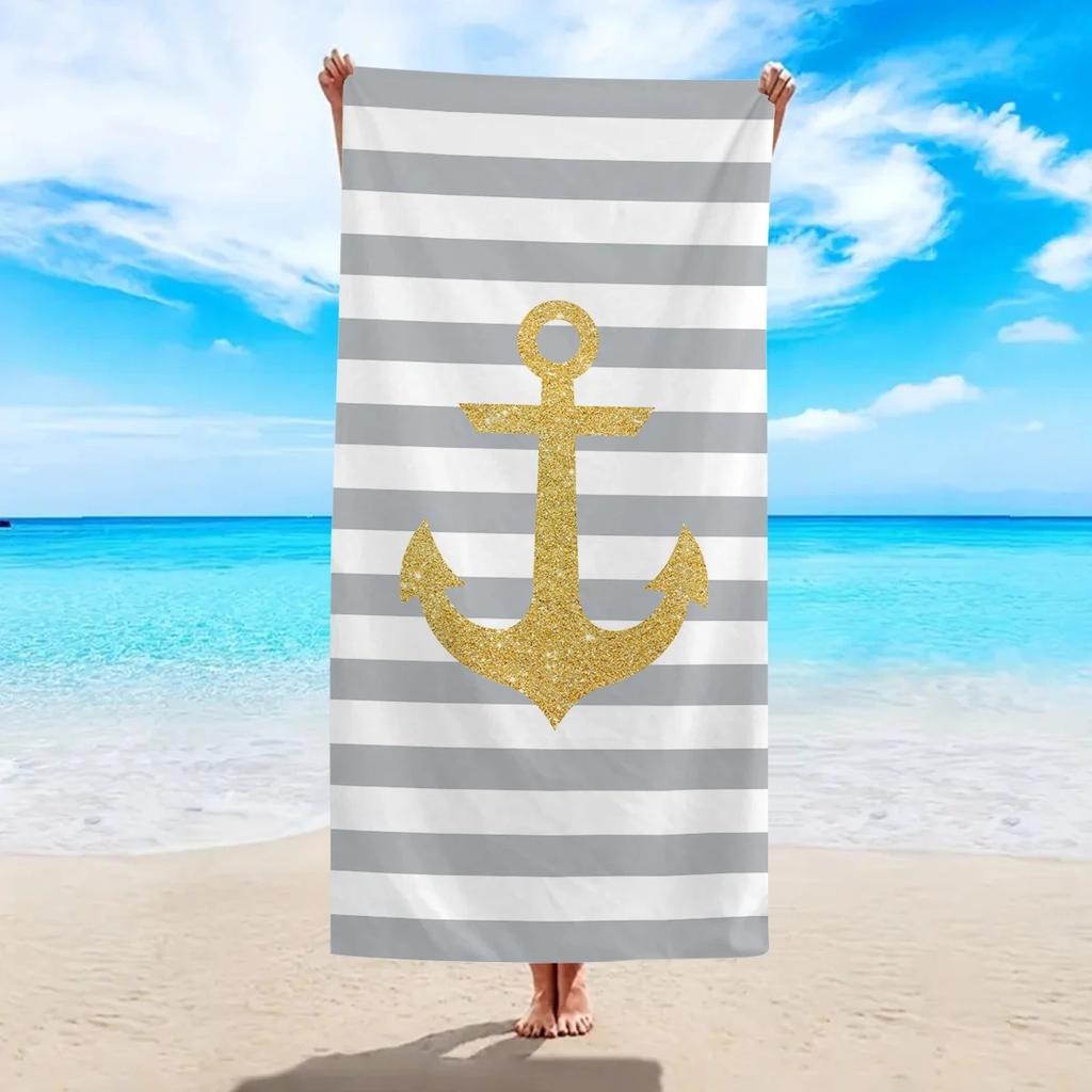 Nautical Anchor Beach Towel 2D Flat Printed Peach Skin Striped Soft Bath Towel Gold Pattern Decorative Towel For Vacation Travel