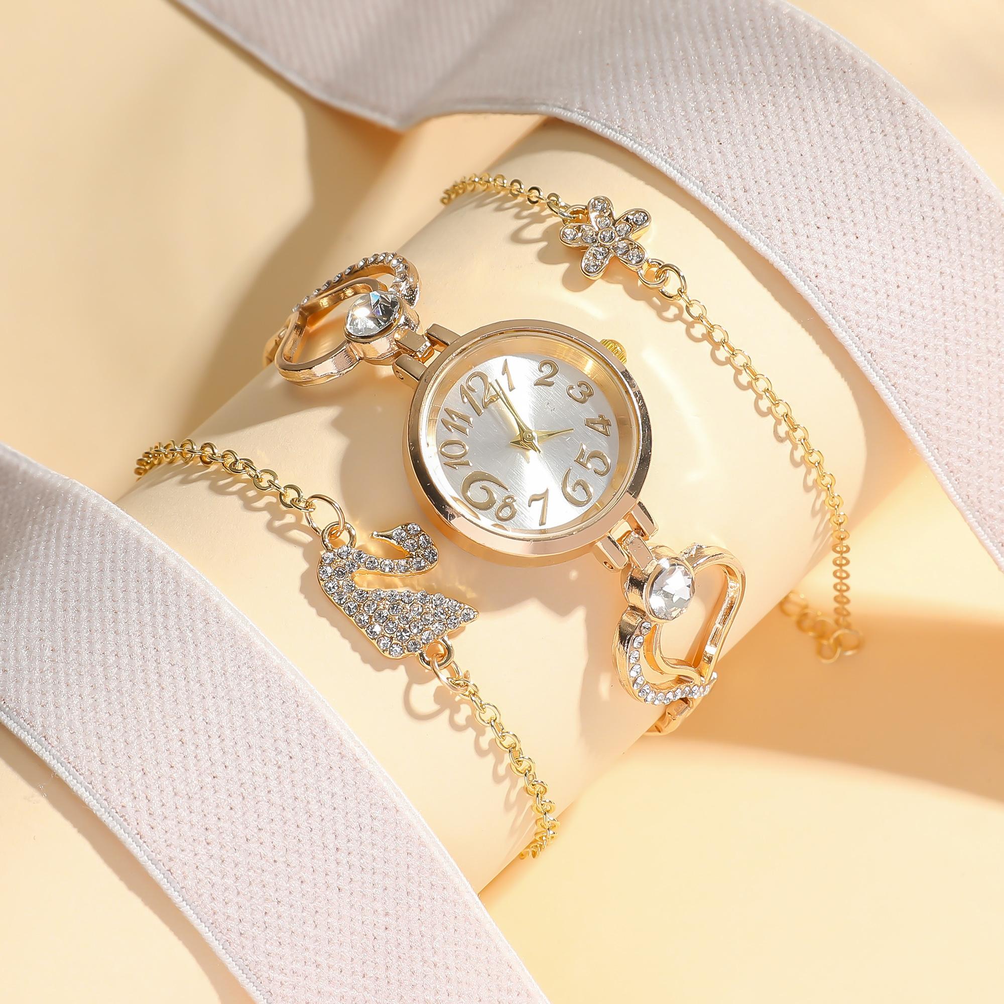 

No gift box; New style niche hollow-out heart diamond watch swan flower diamond bracelet 3-piece set золотой