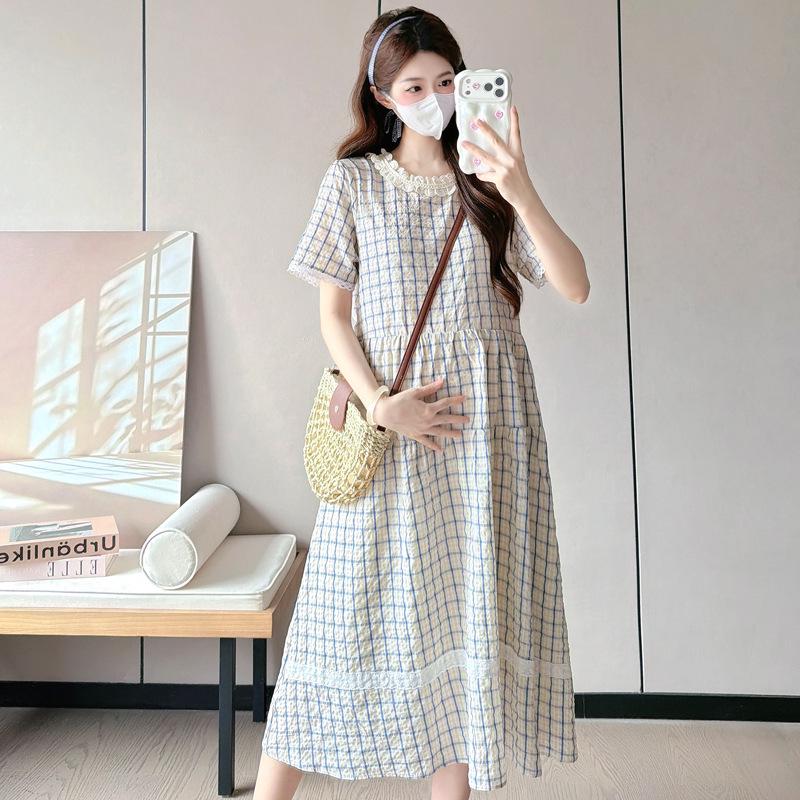 

2026 Maternity Dress, Loose Plaid Long Skirt for Pregnant Mothers, Summer Collection Extra Large