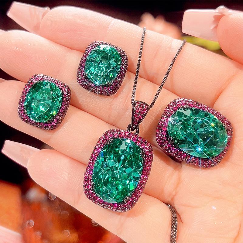 

Luxury Emerald Green Oval Gemstone Jewelry Adjustable Ring Necklace Earrings with Pink CZ Accents Vintage Jewelry for Women One size