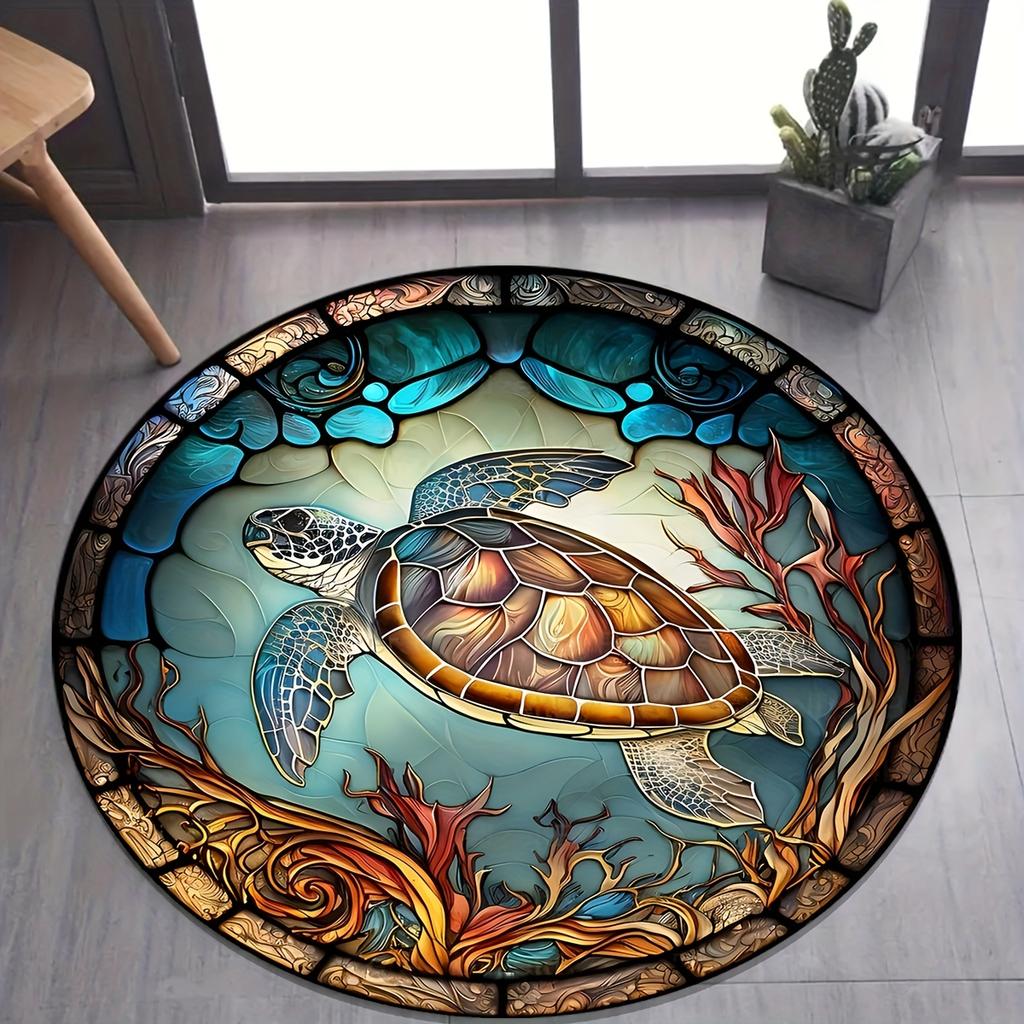1pc Coral Turtle Pattern Round Rug, Non-slip Floor Mat for Living Room, Bedroom, Bathroom, Holiday Home Decoration