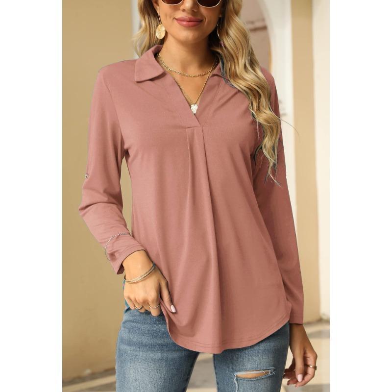Frühling und Herbst Damen Hemdbluse Stretchshirt V-Ausschnitt Langarmshirt
