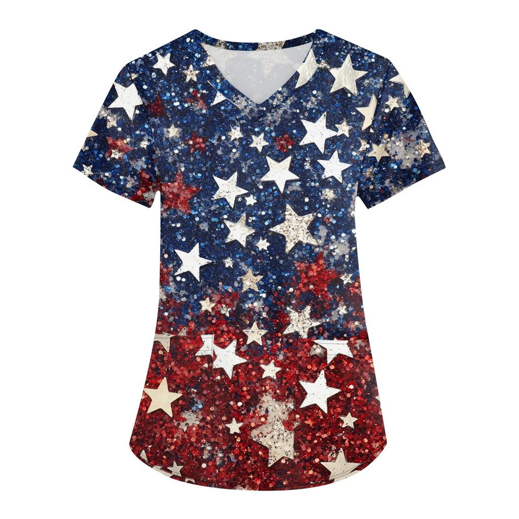Damen Druck Uniform Arbeitsuniform V-Ausschnitt Taschen Basic Kurzarm Pullover Oberteil