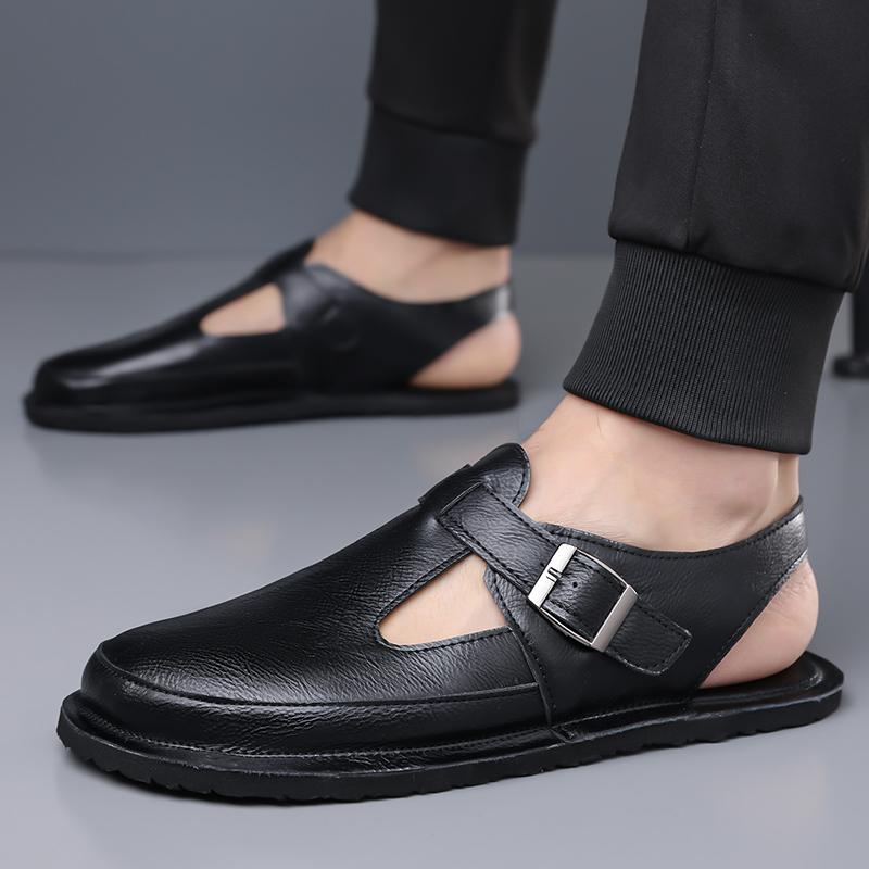 Men Flats Summer Roman Sandals Retro Brown Leather Closed Toe Beach Shoes Large Size