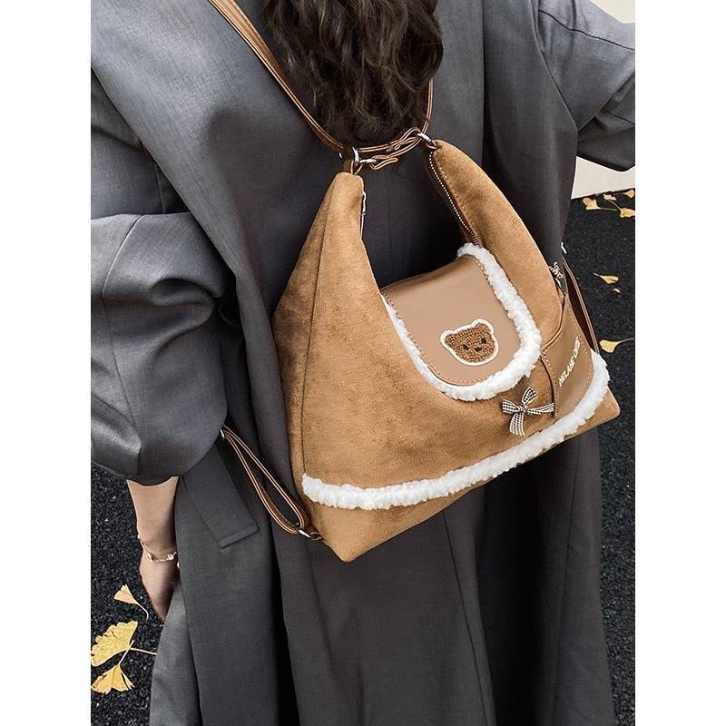 Small Bear Cartoon Backpack For Women With Suede Material And Adjustable Straps For Daily Use
